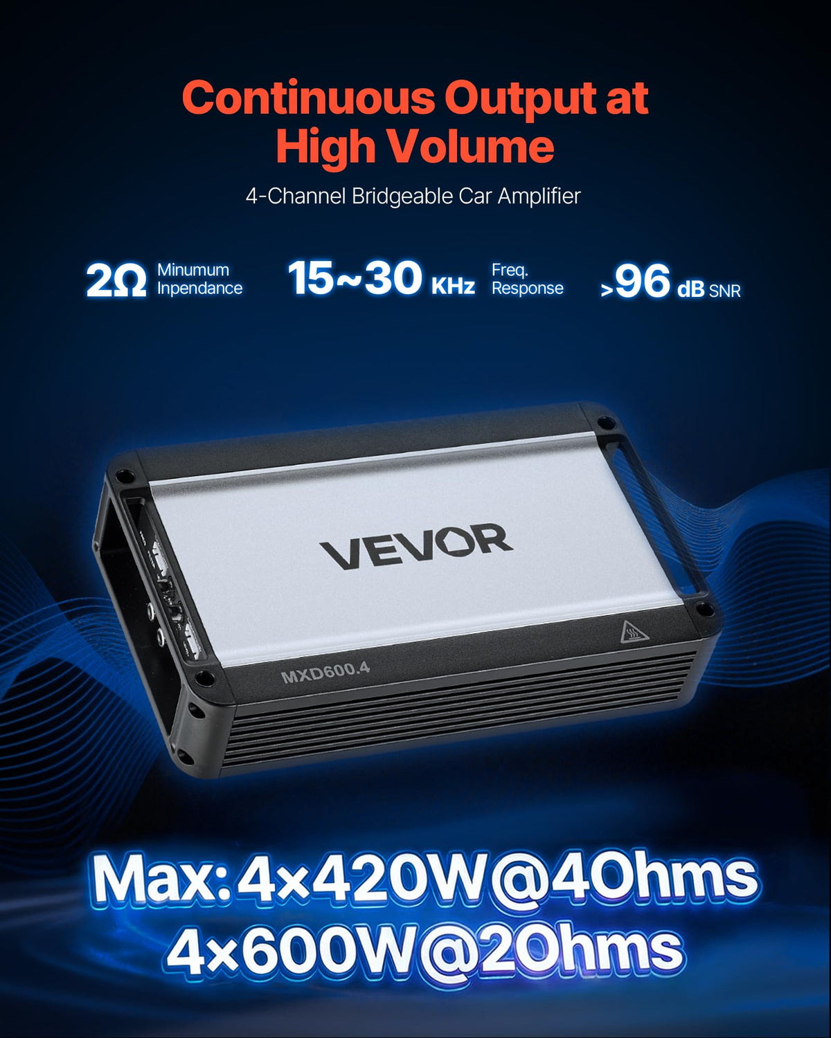 VEVOR bridgeable 4-channel setup showcases flexible bass power for deep subwoofer results.