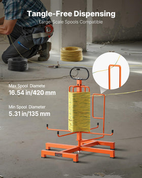 VEVOR side profile of wire spool rack highlighting compact footprint and durability