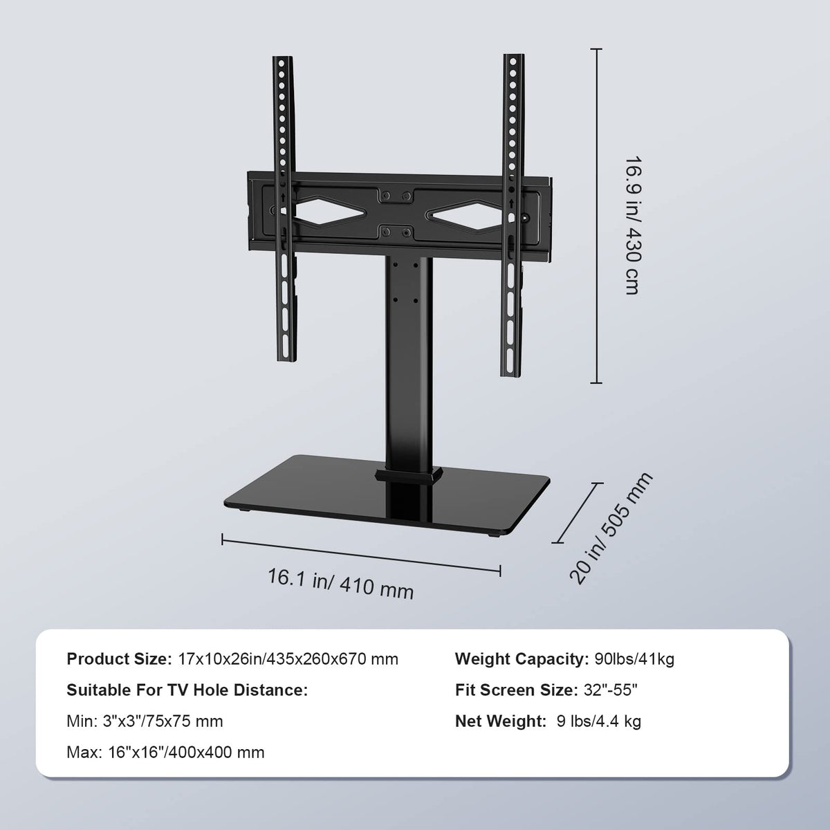 VEVOR compatibility range, 32-55 inch TVs up to 90 lbs with VESA patterns.