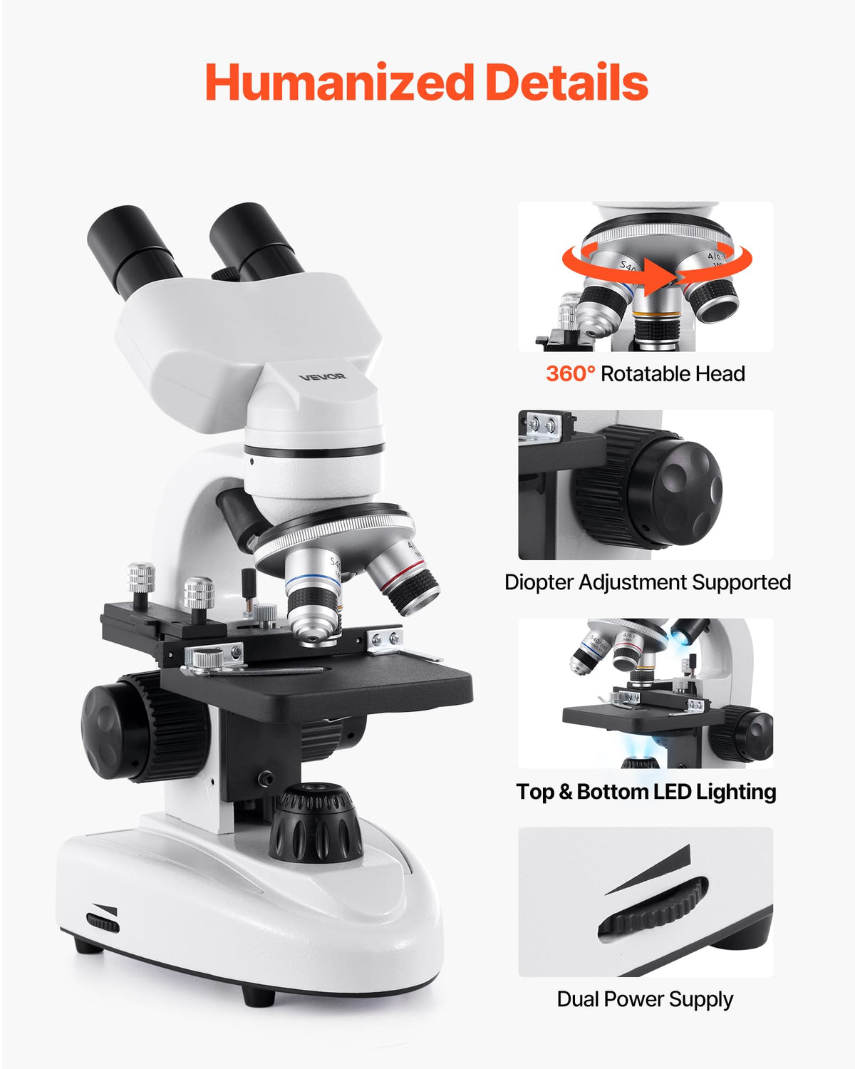 360 degree rotatable head on the VEVOR microscope for flexible viewing