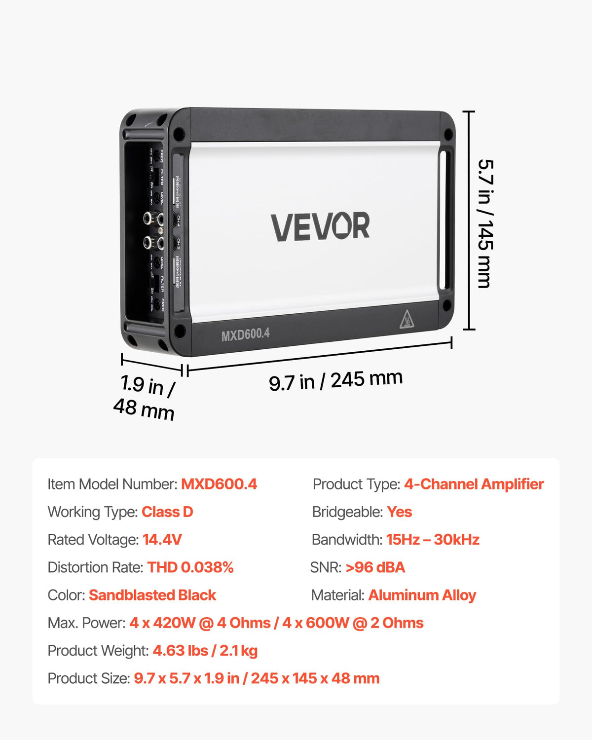 VEVOR crystal-clear audio with ultra-low THD and high SNR.