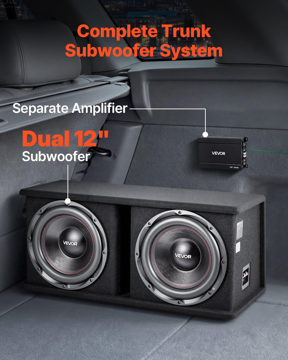 VEVOR external amplifier unit provides clean, amplified low end.