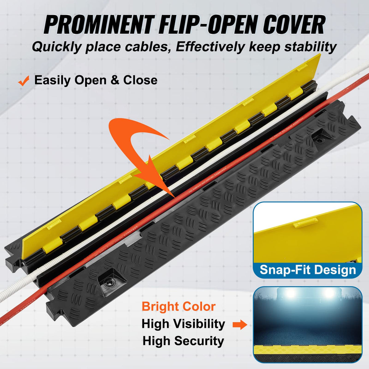 Flip-open top on VEVOR ramp allows quick cable insertion and removal.