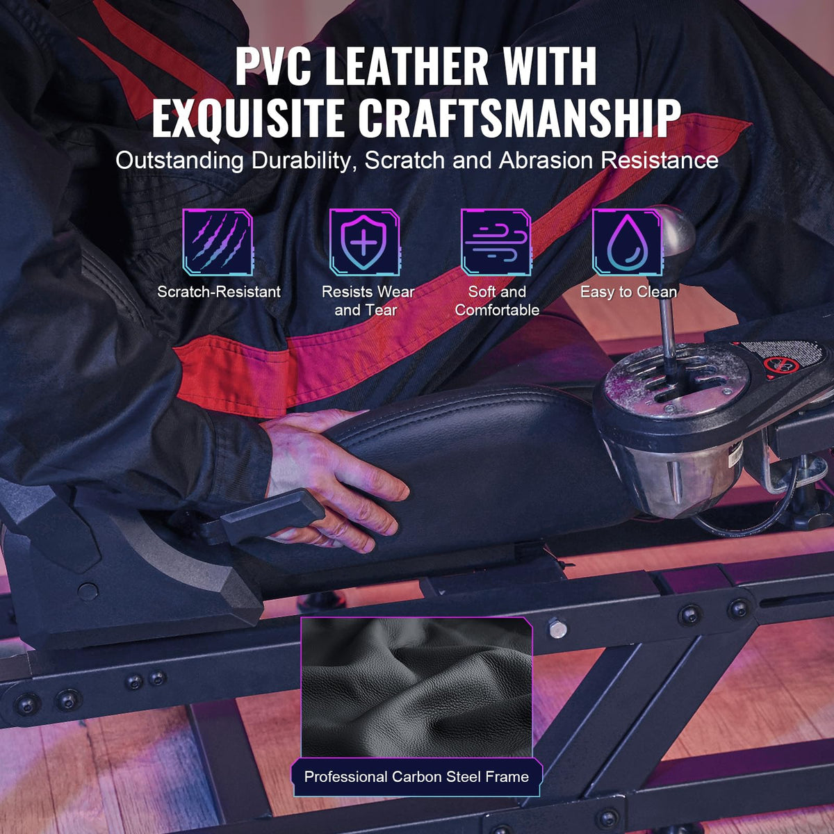 VEVOR wheel stand cockpit with PVC leather for comfortable long sessions.