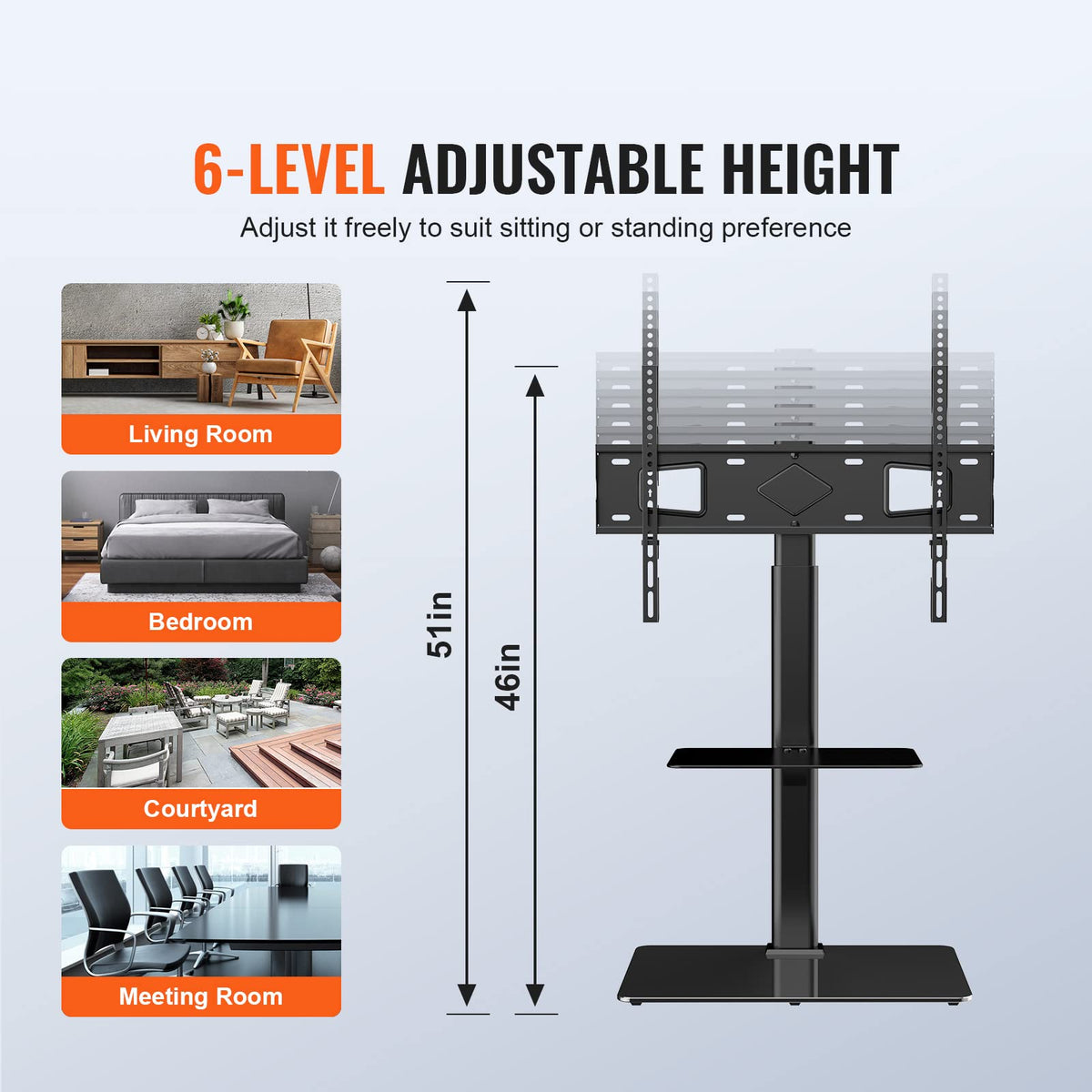 VEVOR column showing six height settings and benefit of adjustable eye-level viewing