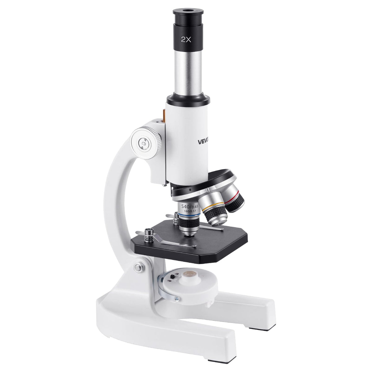 VEVOR microscope front view showing sturdy base and optical head for stable observation