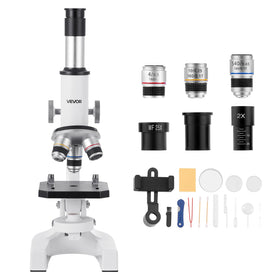 VEVOR microscope beside a hand for scale to show compact, portable size
