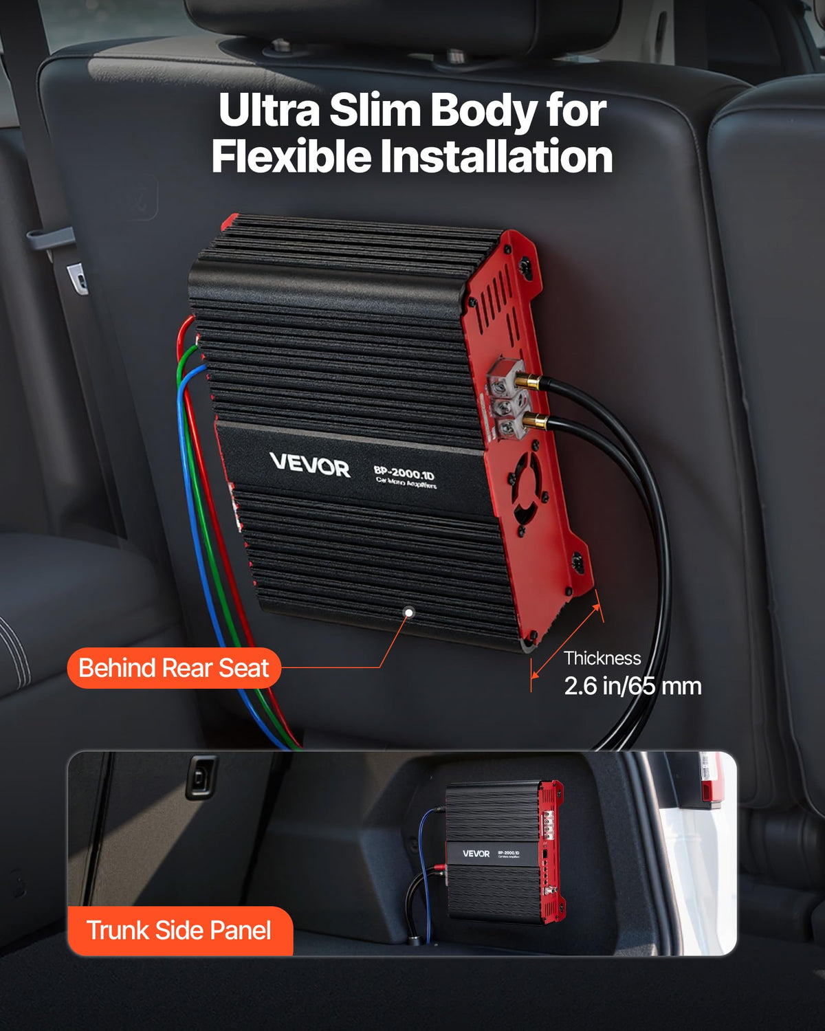 Aluminum chassis and built-in fan cooling the VEVOR amp during demanding bass.