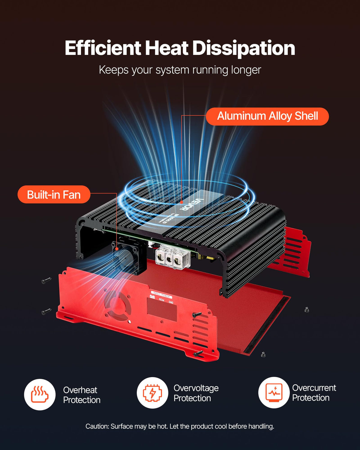 Protection system details on VEVOR amp against heat, overcurrent, and overvoltage.