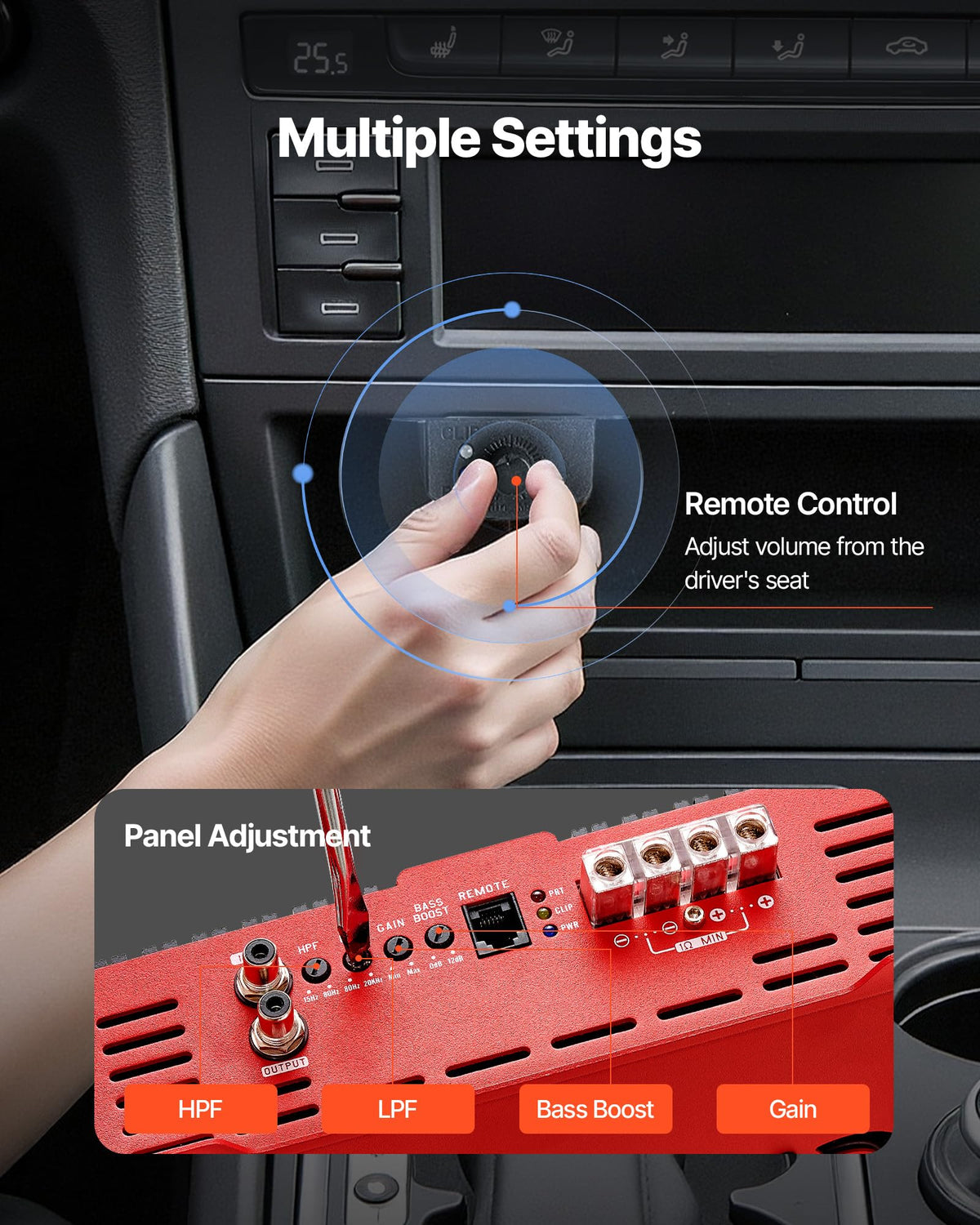 Trunk installation view of VEVOR monoblock amplifier fitting beside spare tire.