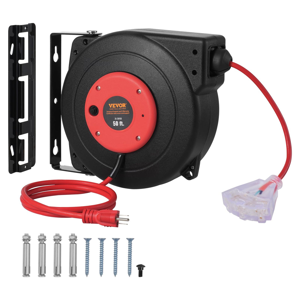VEVOR retractable extension cord reel with 50 ft cord and lighted triple-outlet for workshops
