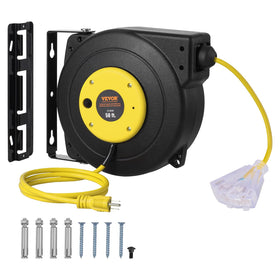 VEVOR retractable extension cord reel with 50ft reach, ideal for workshops.
