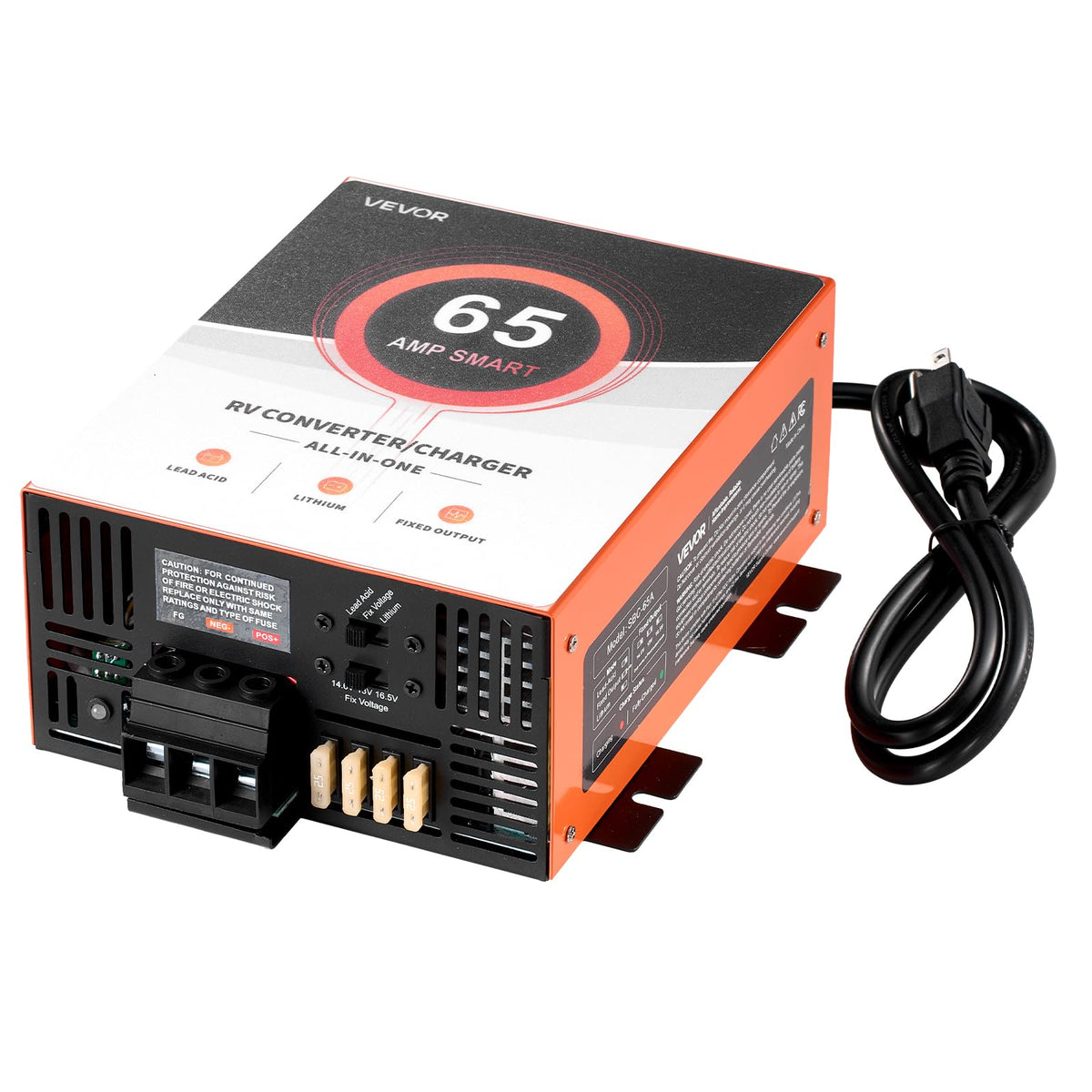 VEVOR RV Power Converter 65A front view powering 12V devices on the go