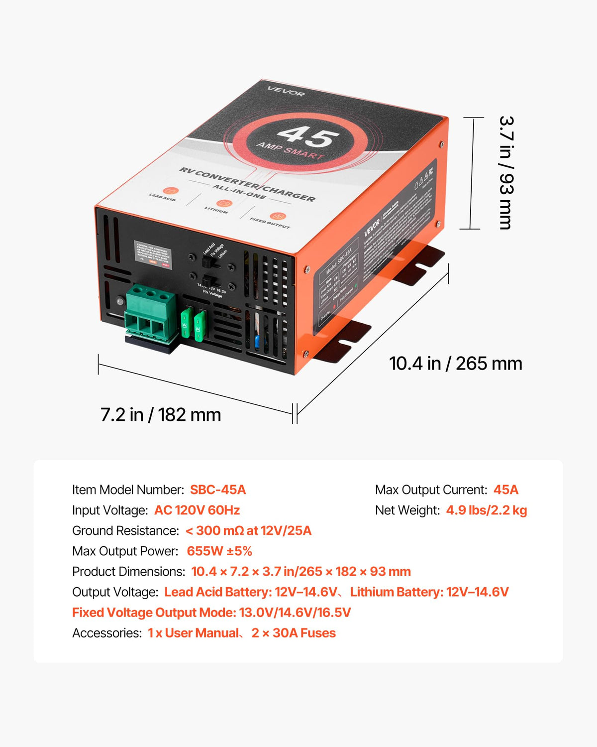 VEVOR RV Power Converter supports lead-acid and LiFePO4 batteries.