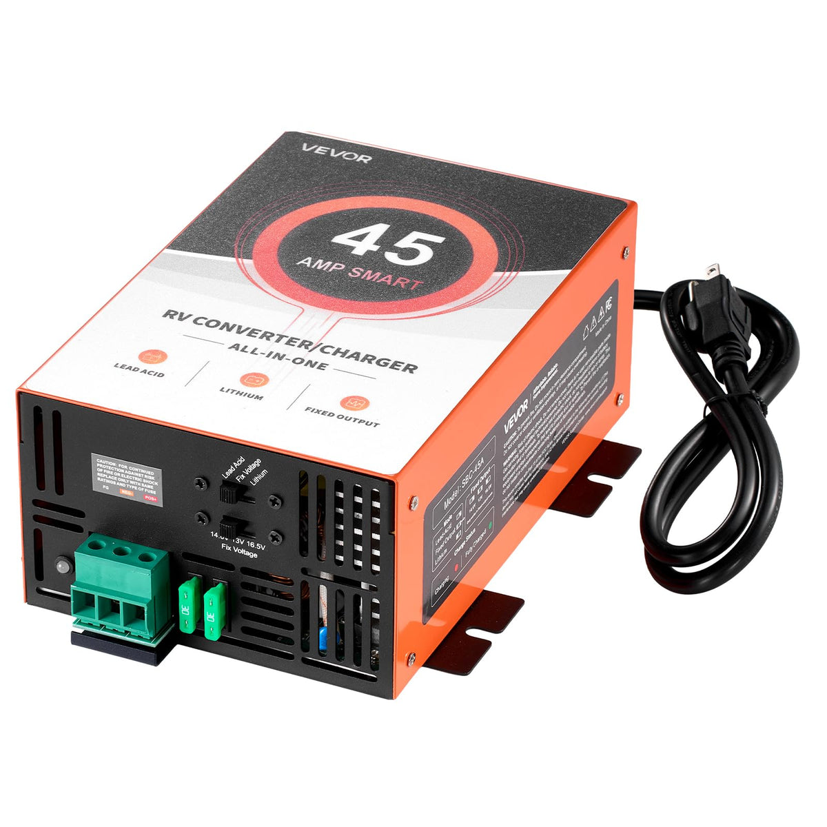 VEVOR RV Power Converter front panel shows 45A output for campers.