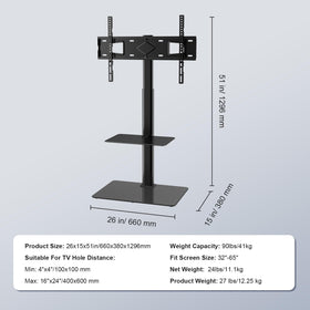VEVOR stand with ruler showing scale against a TV and benefit of clear size compatibility