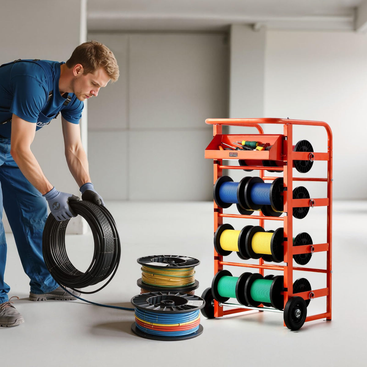 VEVOR spool rack with cable storage keeps cords tidy and reachable.