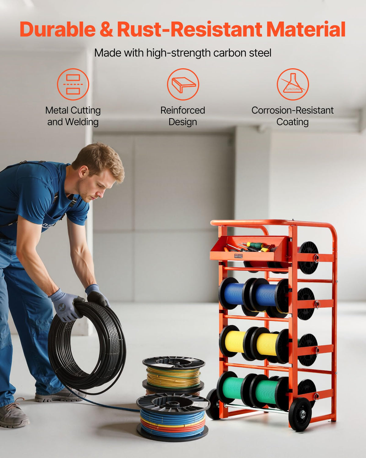 VEVOR cable rack includes a detachable storage basket for quick tools.