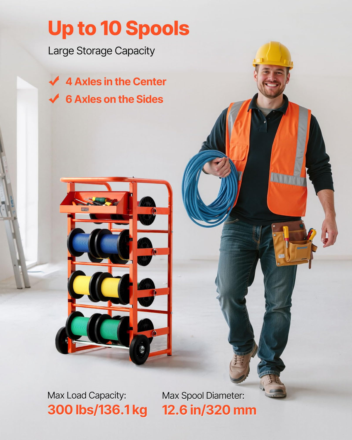 VEVOR spool rack with wheels enables effortless movement between stations.