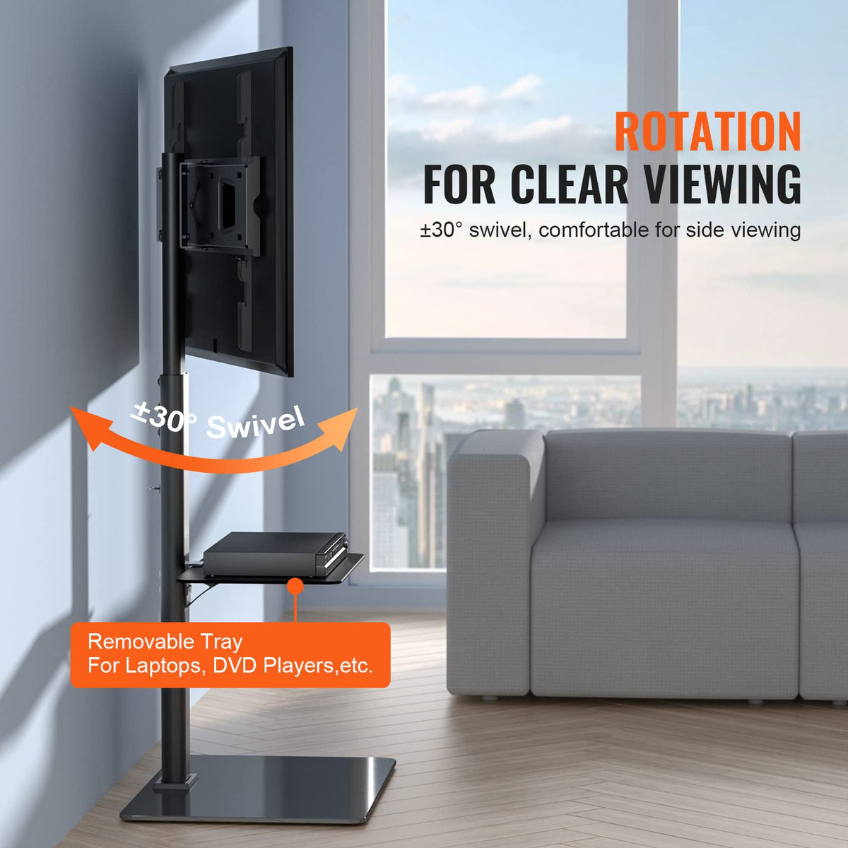 VEVOR detail of swivel bracket showing ±30° rotation and benefit of flexible viewing angles