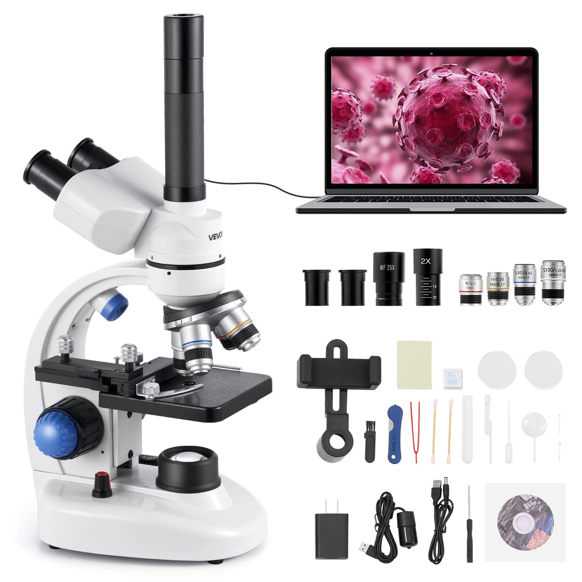 VEVOR trinocular microscope front view shows durable aluminum body for classroom use.