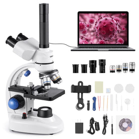 VEVOR trinocular microscope front view shows durable aluminum body for classroom use.