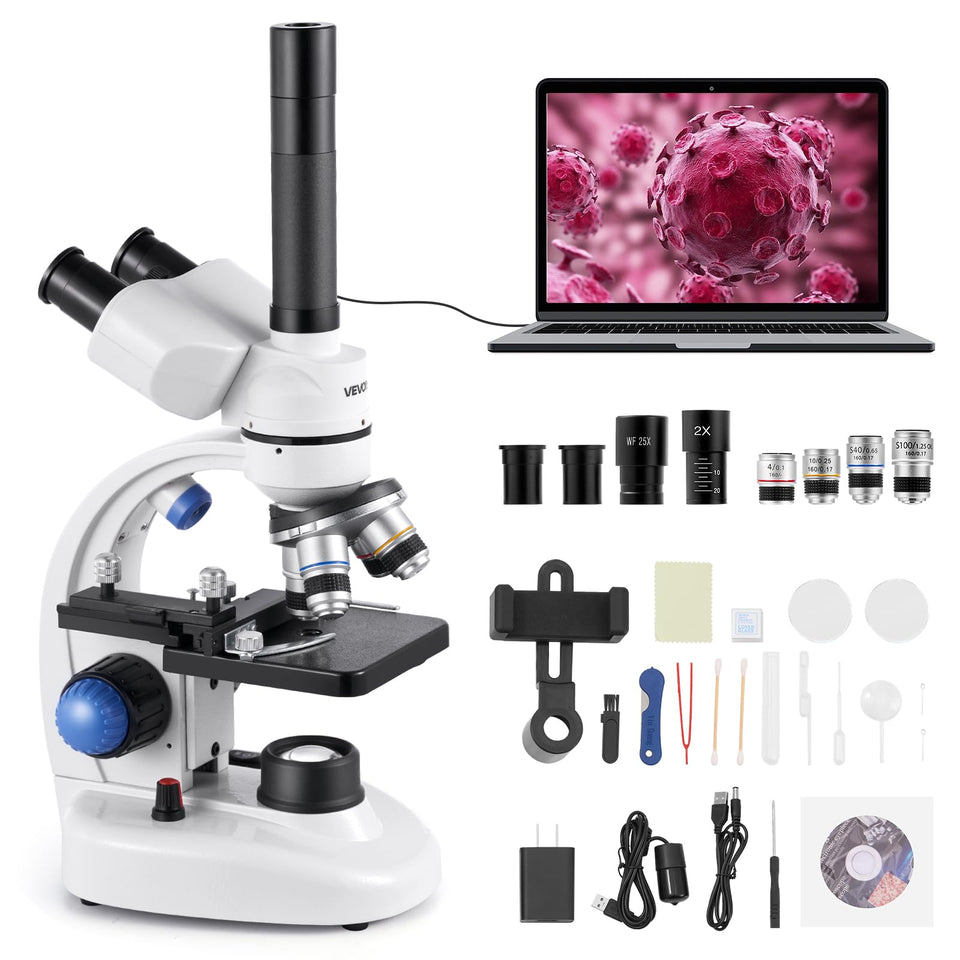 VEVOR trinocular microscope front view shows durable aluminum body for classroom use.