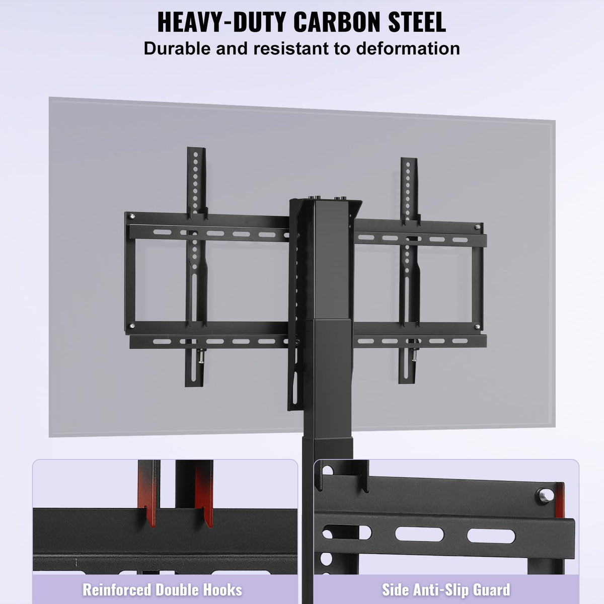 VEVOR TV lift height range graphic illustrates 28.7 to 64.2 inches elevation.