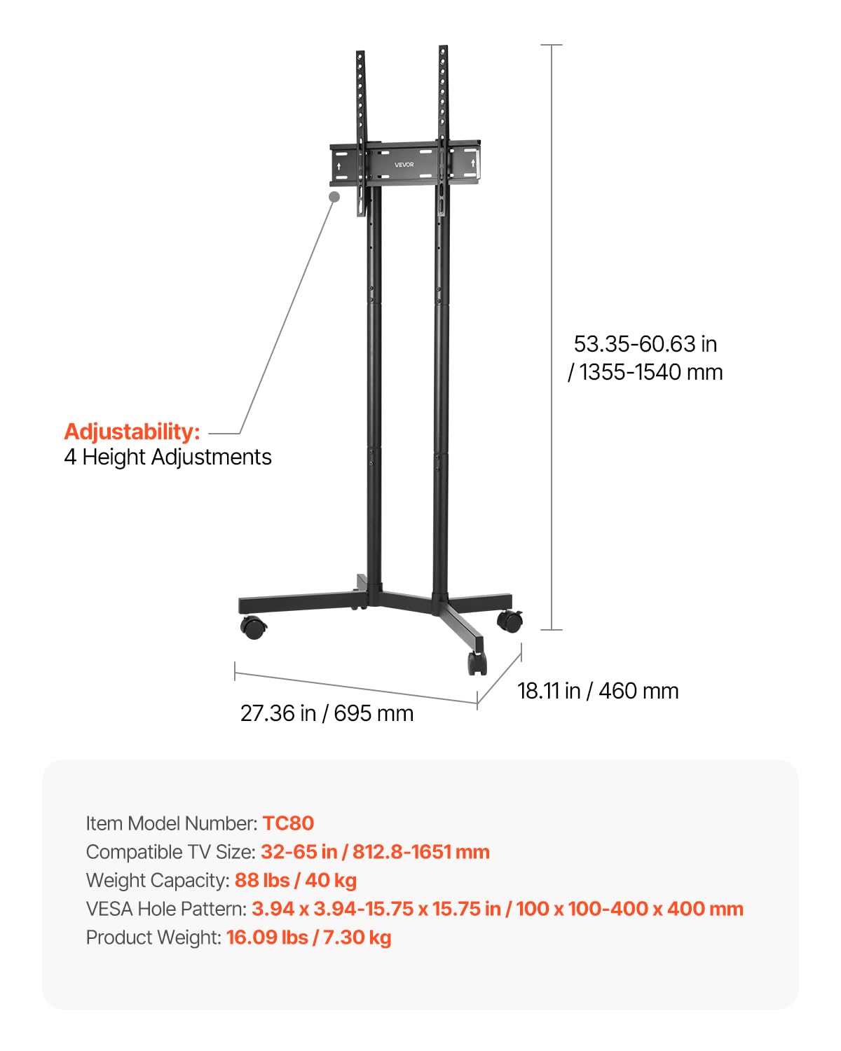 VEVOR with 65-inch TV for scale showing strong support and size compatibility benefit