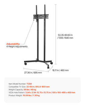 VEVOR with 65-inch TV for scale showing strong support and size compatibility benefit