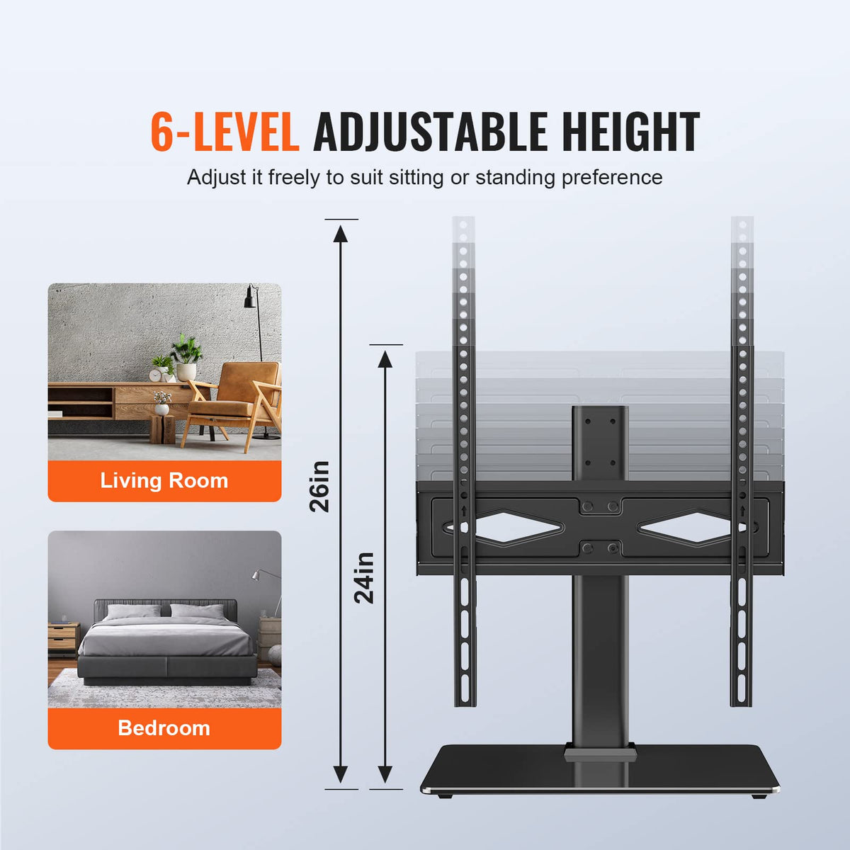 VEVOR TV stand shows swivel angle for multiple viewing spots.