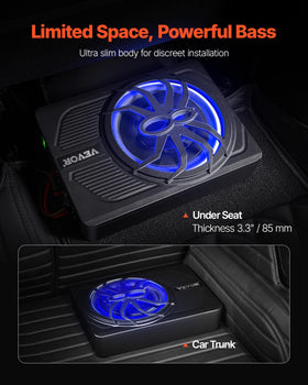 VEVOR underseat subwoofer with blue ambient light for mood and bass
