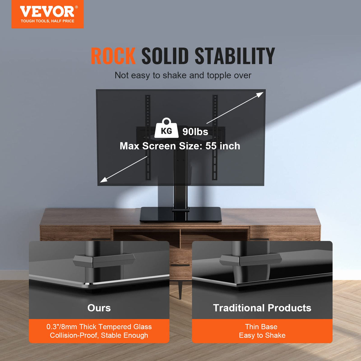 VEVOR adjustable-height stand displaying six-height options for flexible seating.