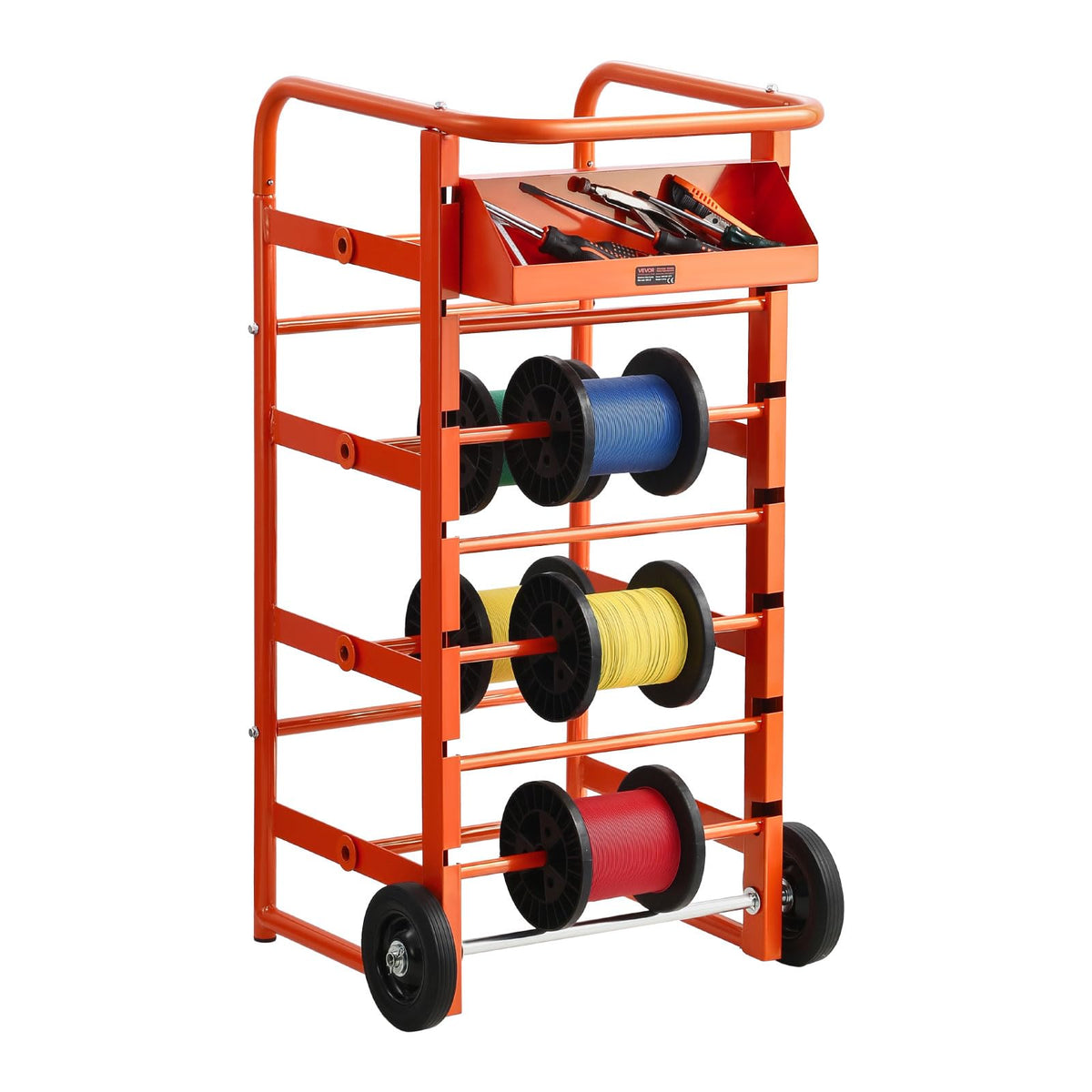 VEVOR wire spool rack with 11 rods keeps spools organized for easy access.