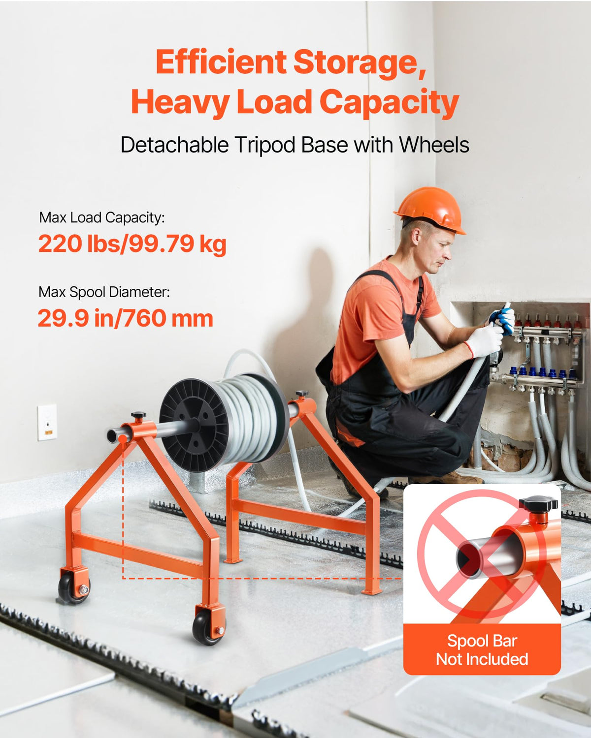 VEVOR side profile of cable caddy demonstrating spool cradle and balance
