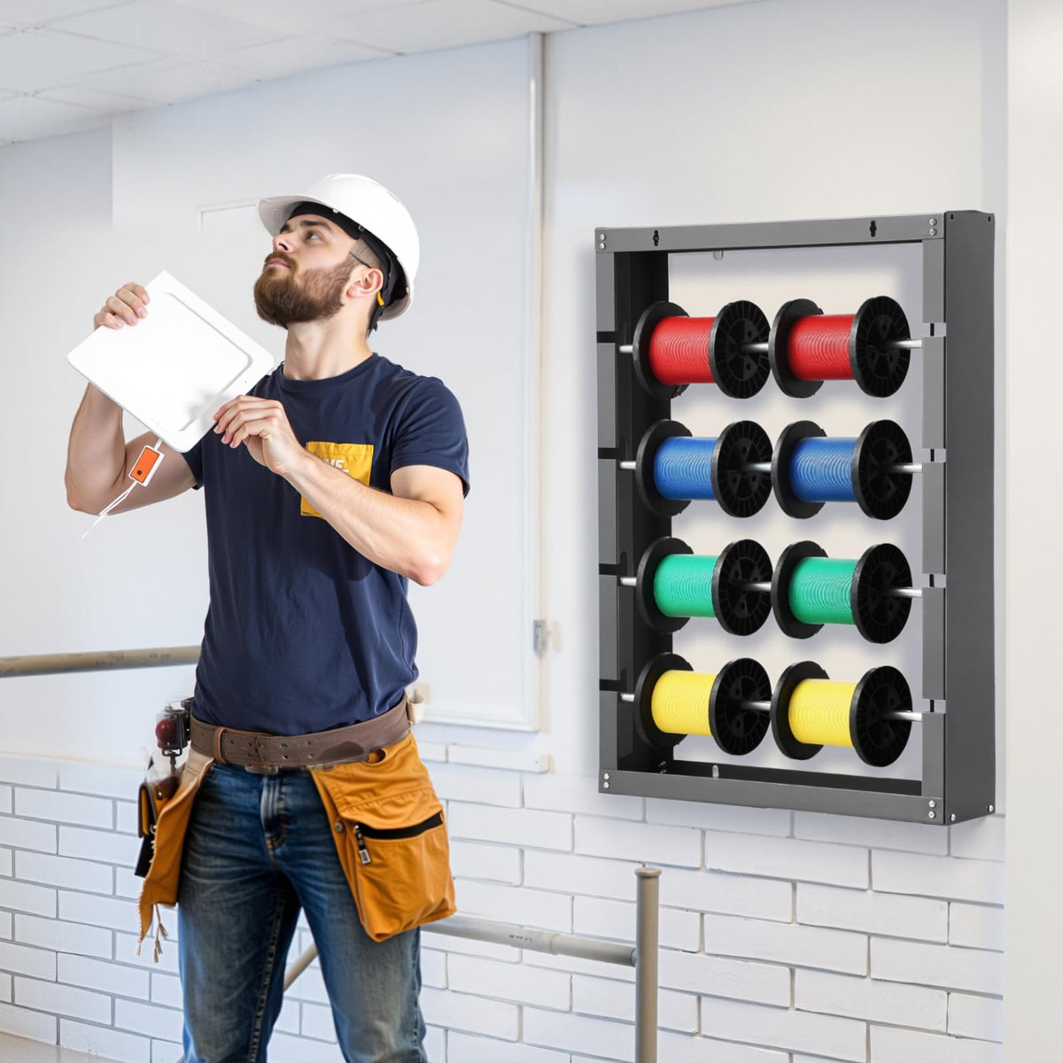 VEVOR rack holding ribbon and tubing showing versatile material storage benefit