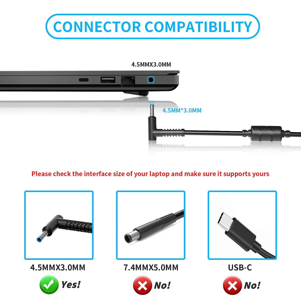 vhbw connector dimensions close-up showing 4.5x3.0mm plug for accurate replacement