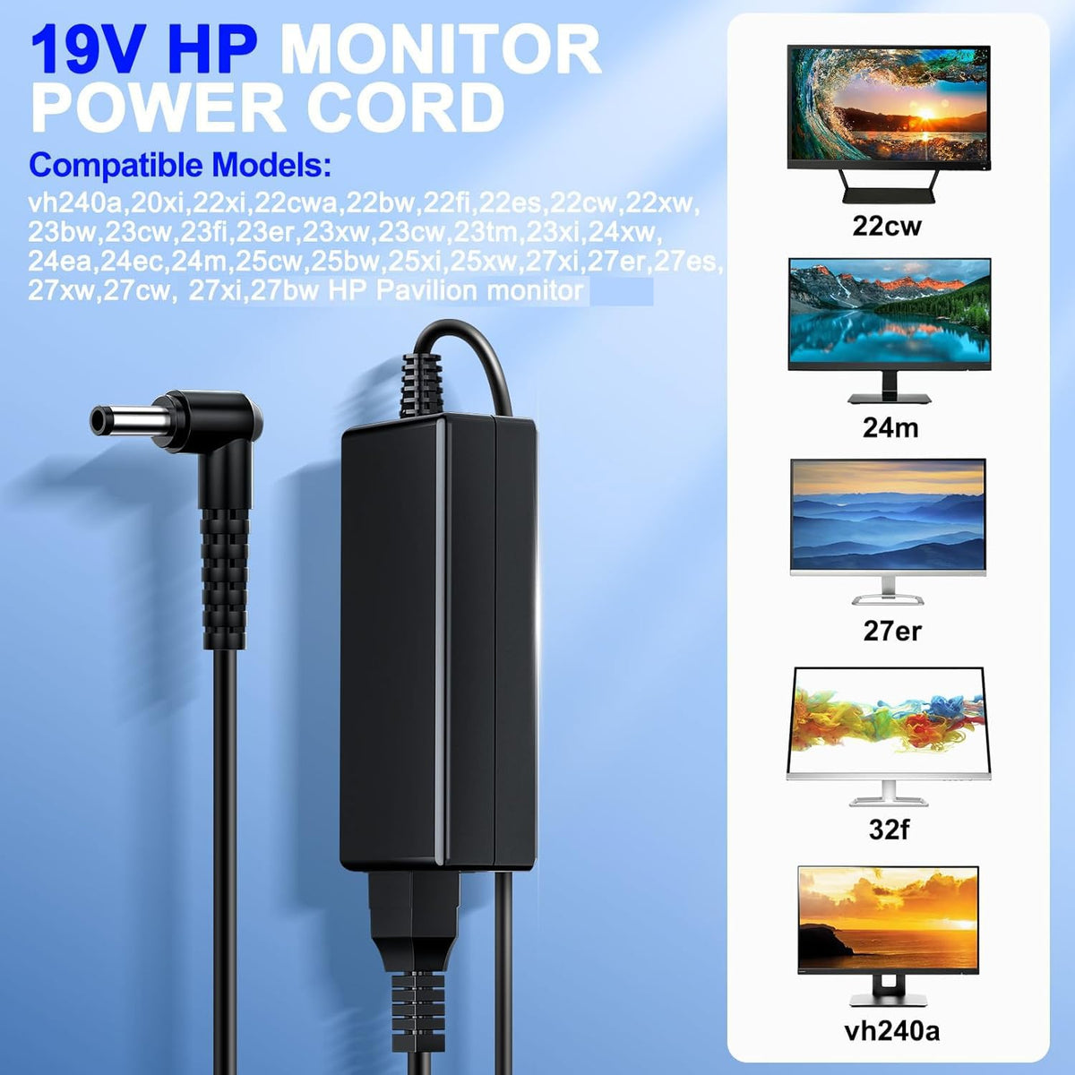 vhbw HP monitor power cord black cable for durable daily use