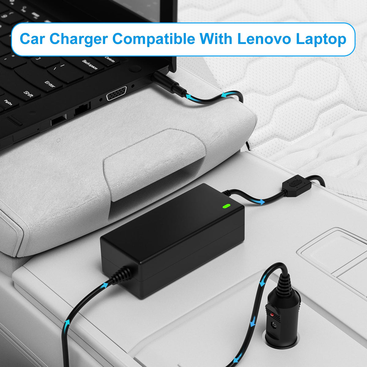 vhbw charger plugged into car socket charging a Lenovo laptop on road