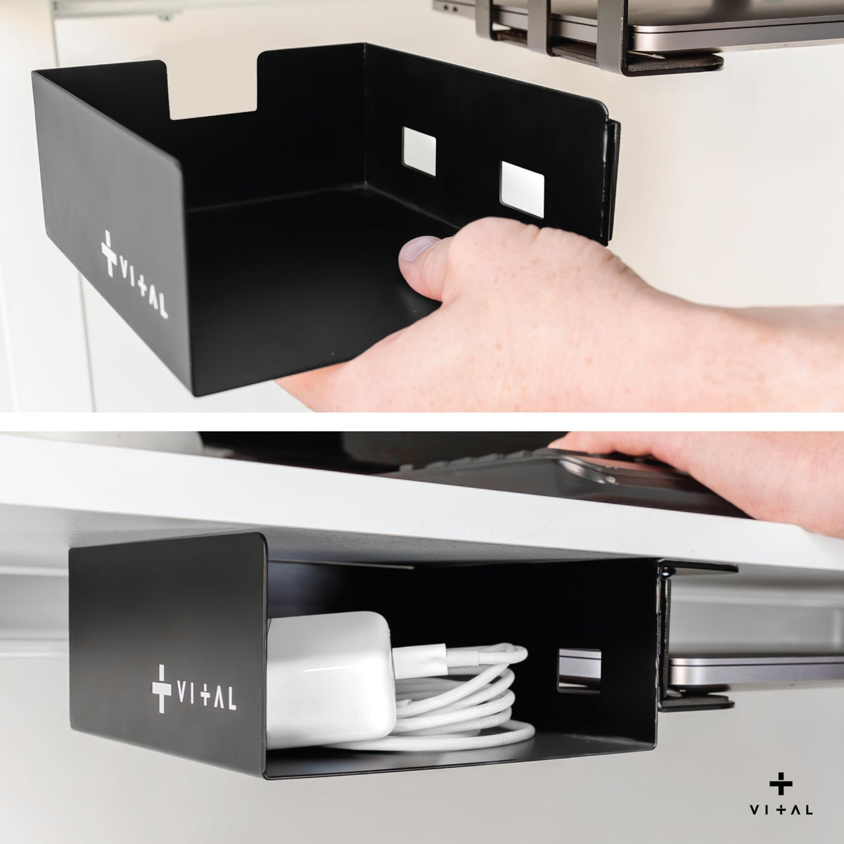 VI+AL sleek metal mount under a clean desk setup.
