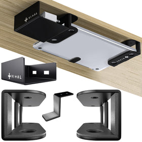 VI+AL under-desk mount with hidden shelf and side storage keeps your workspace tidy.