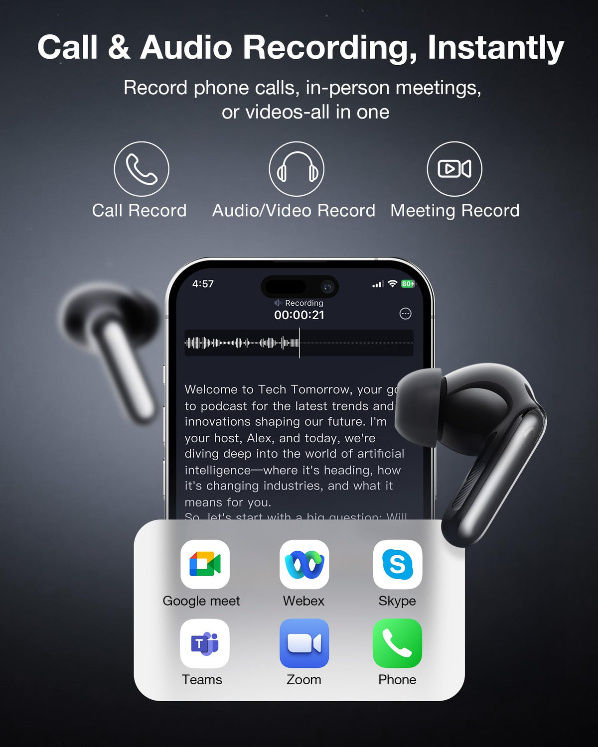 VIAIM RecDot app UI displaying real-time transcription and notes features.