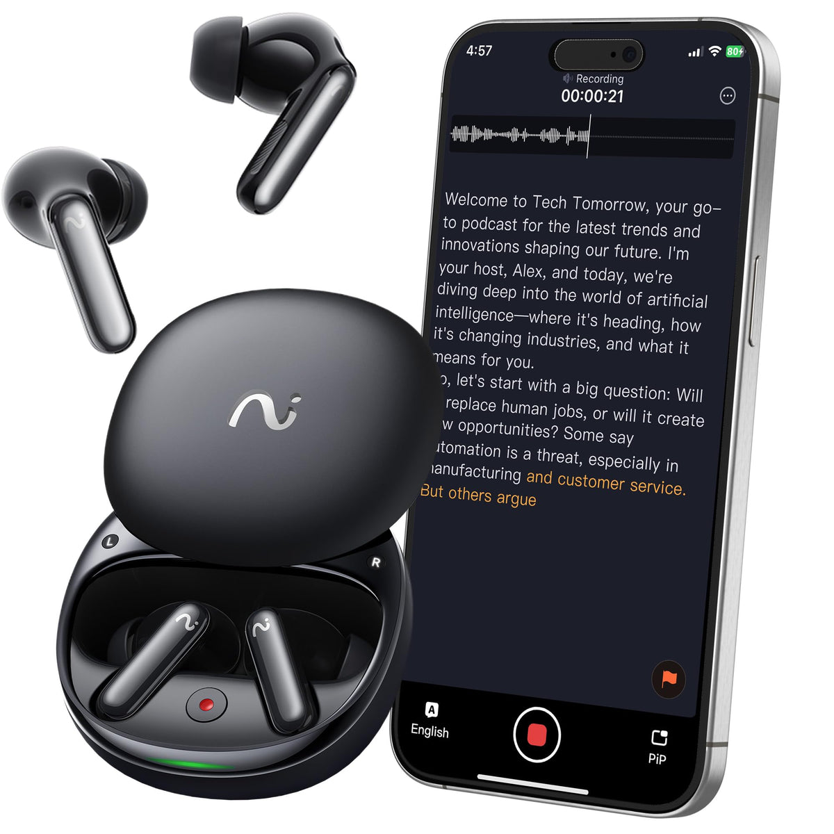 VIAIM RecDot earbuds in a black charging case ready for on-the-go use and discreet storage.