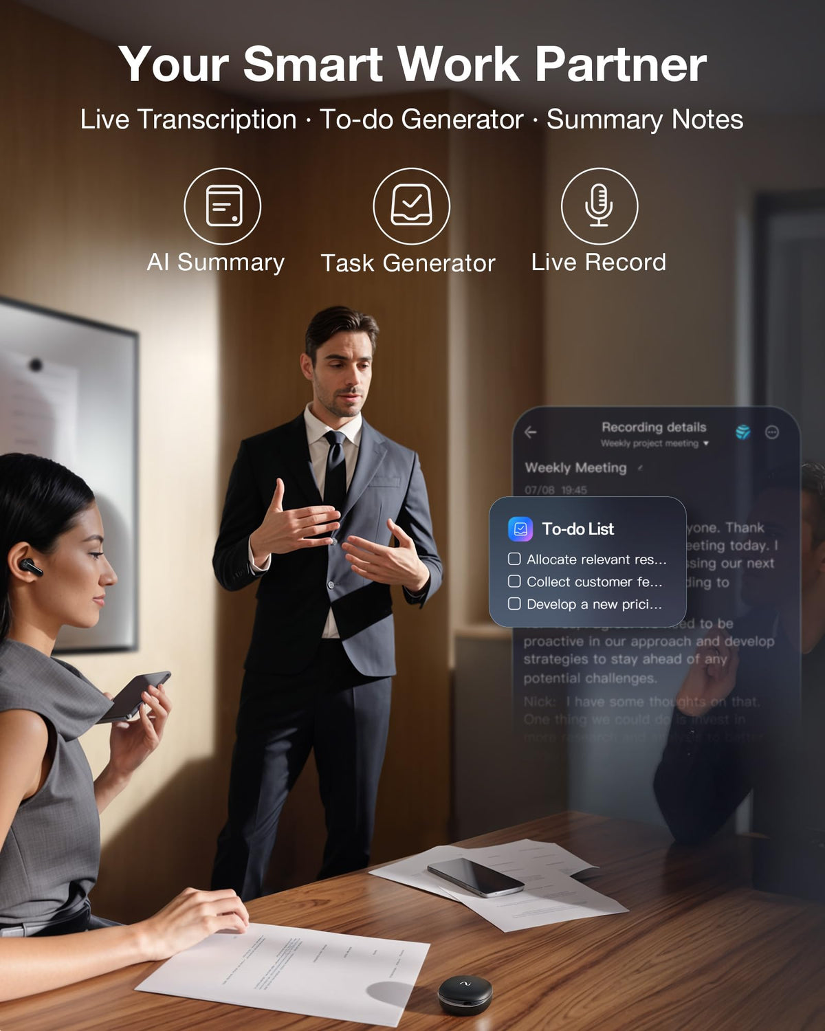 VIAIM RecDot in a meeting setup showing live transcription on screen for reference.