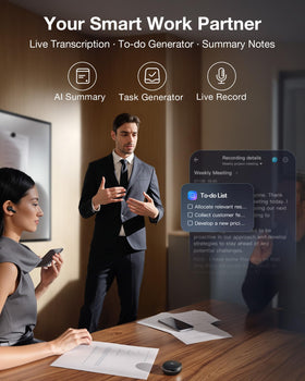VIAIM RecDot in a meeting setup showing live transcription on screen for reference.