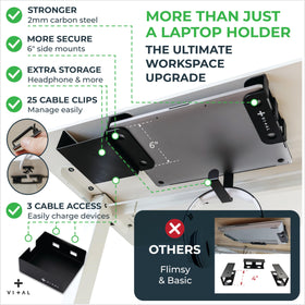 VI+AL built-in hook holding headphones to save desk surface space