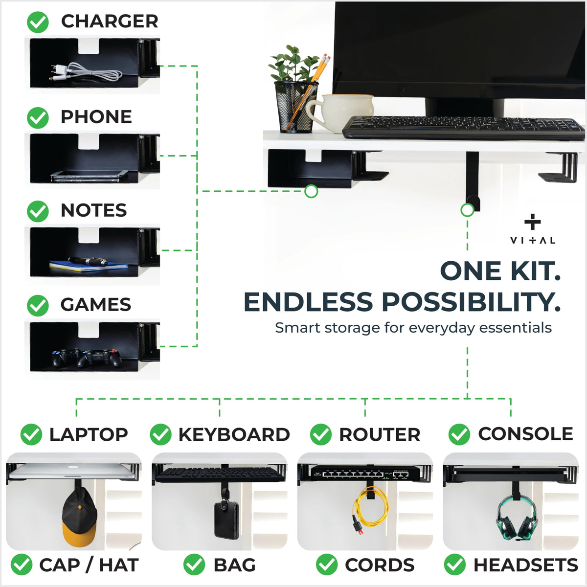 VI+AL neat 25-piece cable management kit laid out to prevent wire tangles