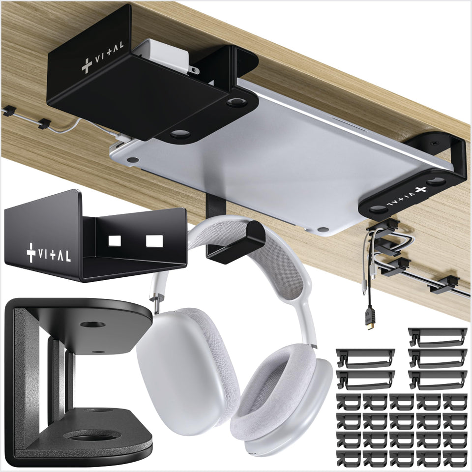 VI+AL front view of metal under-desk shelf showing hidden storage and tidy desk