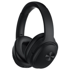vibeadio SE7 front view showing sleek black finish and over‑ear design for travel comfort