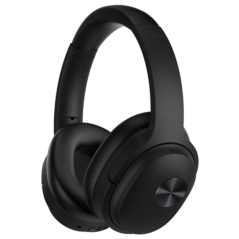 vibeadio SE7 front view showing sleek black finish and over‑ear design for travel comfort